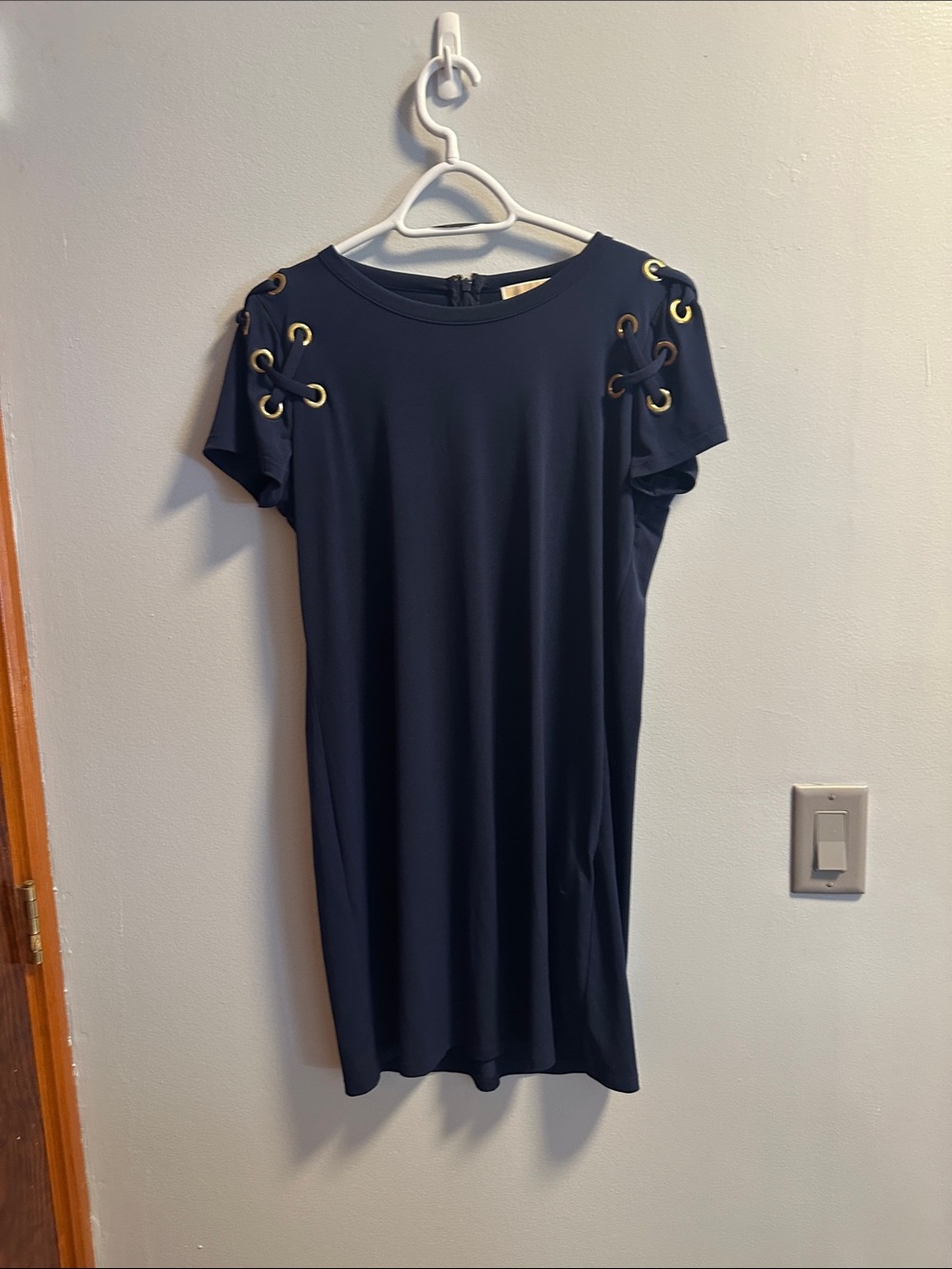 MICHAEL Michael Kors Navy Short-Sleeve Shift with Gold Eyelet Detail